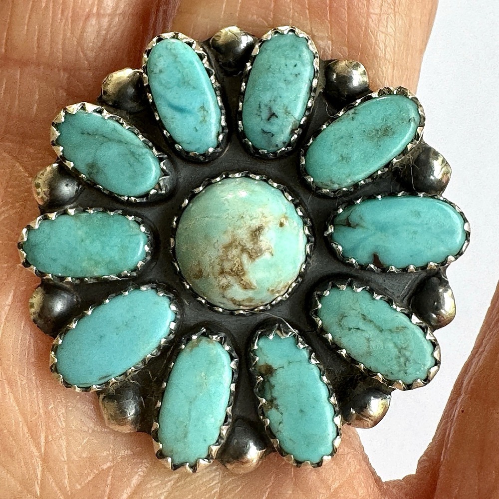 Navajo Turquoise Cluster Ring Sz 5.5 Sterling Signed‎ ML Perry Native American